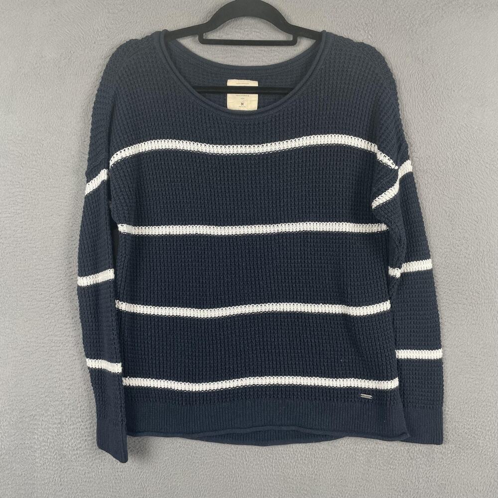 Hollister Sweater Pullover Womens M Blue Crew Neck Waffle-Knit Striped Beachy